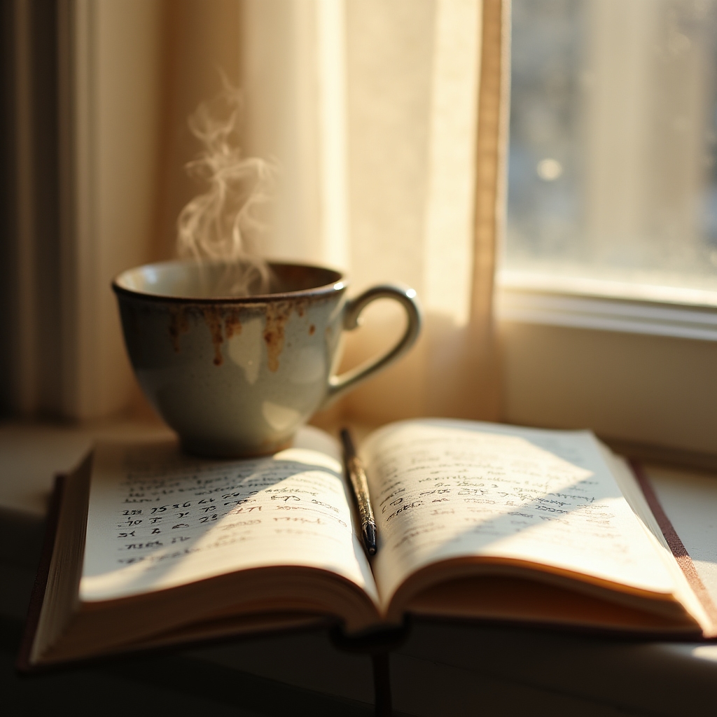 Taza de café junto a un cuaderno con anotaciones sobre gastos cotidianos, iluminado por luz de ventana