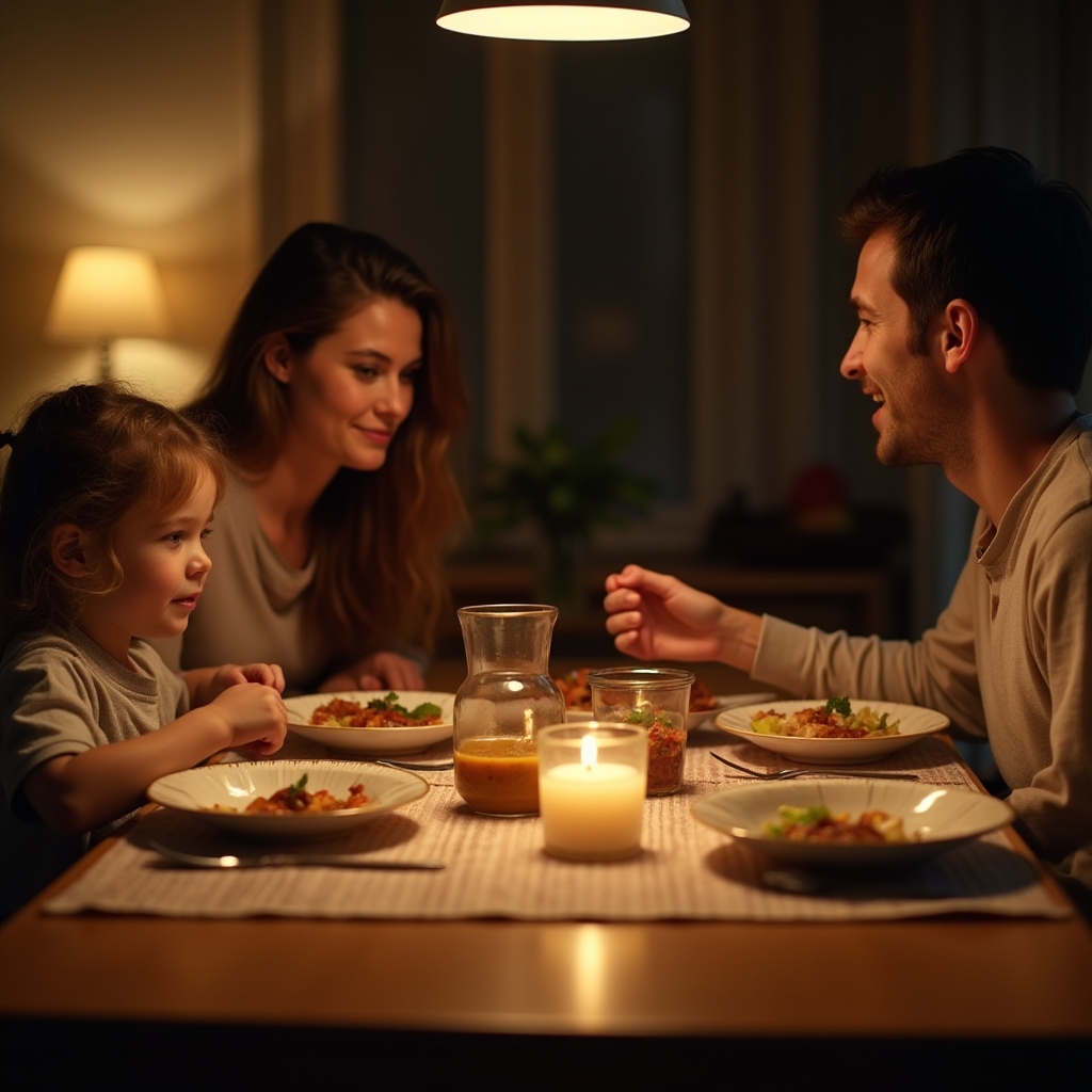 Familia conversando alrededor de una mesa durante la cena en casa