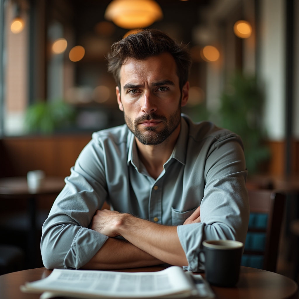 Persona leyendo con expresión pensativa y crítica en una cafetería
